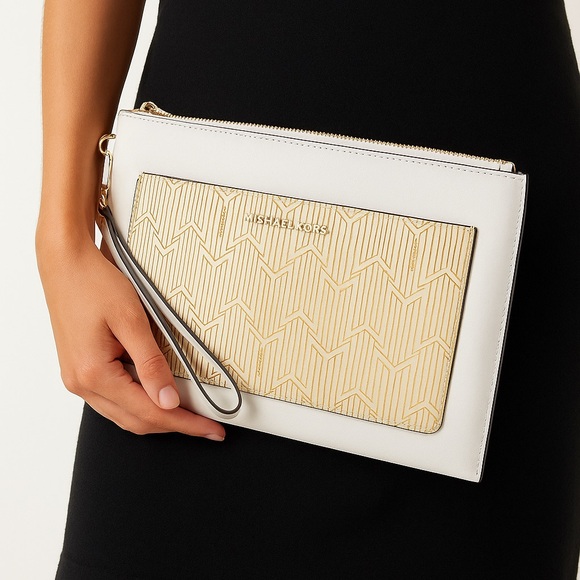 Michael Kors White Leather & Monogram Accent Clutch - Picture 1 of 6